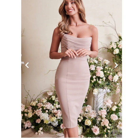 NEW SEASON Lavish Alice cowl front bandeau midi pencil dress in stone - Picture 4 of 11